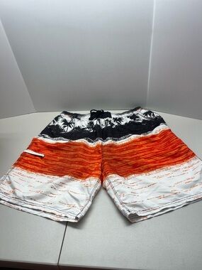 Men's Orange Stripe Palm-Print Hybrid Swim Shorts